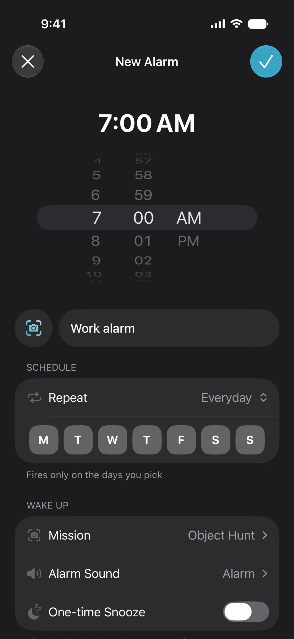 UnSnooz alarm editor with time, repeat days, and mission settings
