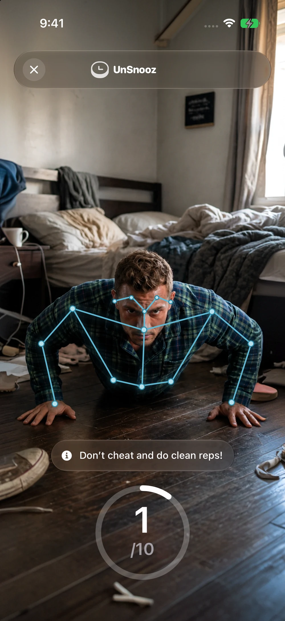 UnSnooz push-up mission showing body tracking and one of ten reps