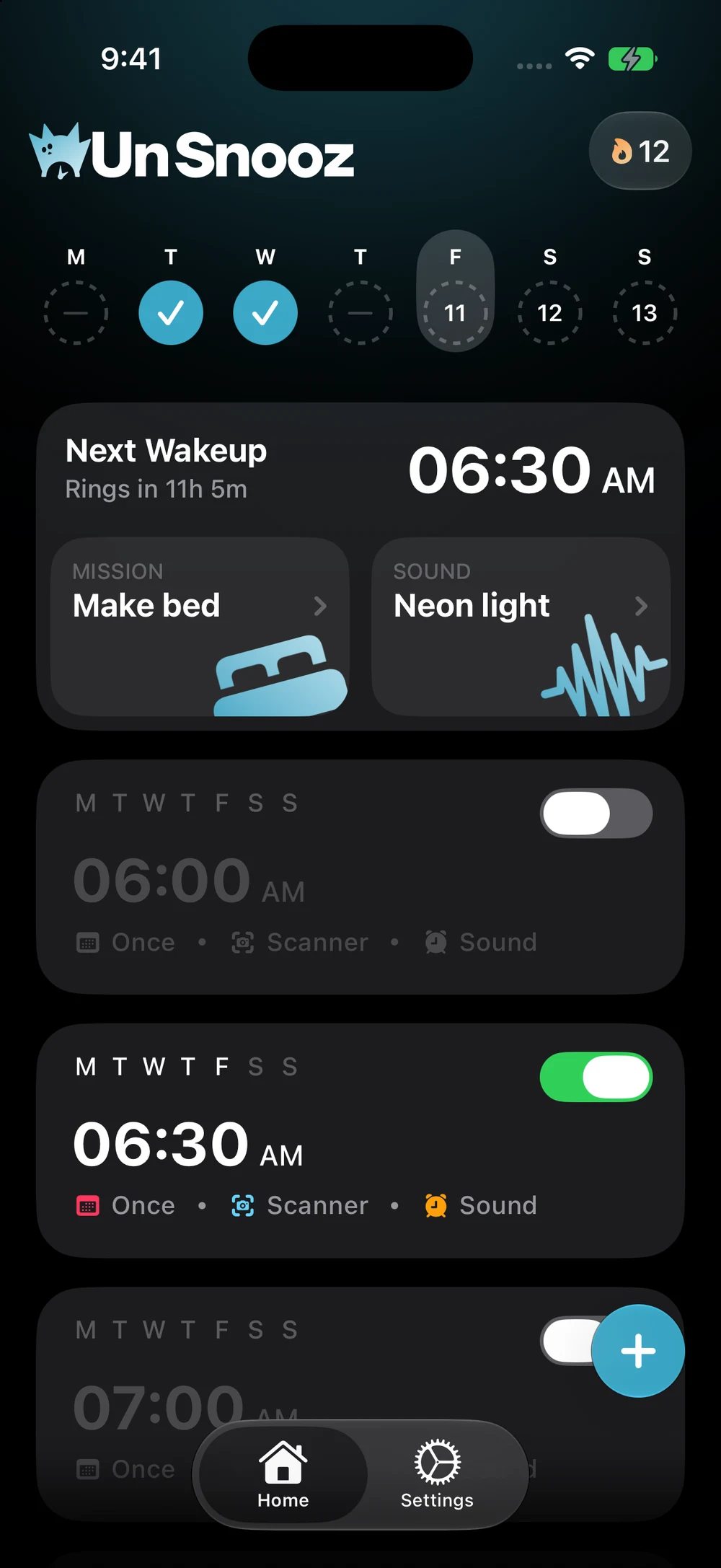 UnSnooz home screen with upcoming alarms and wake-up missions