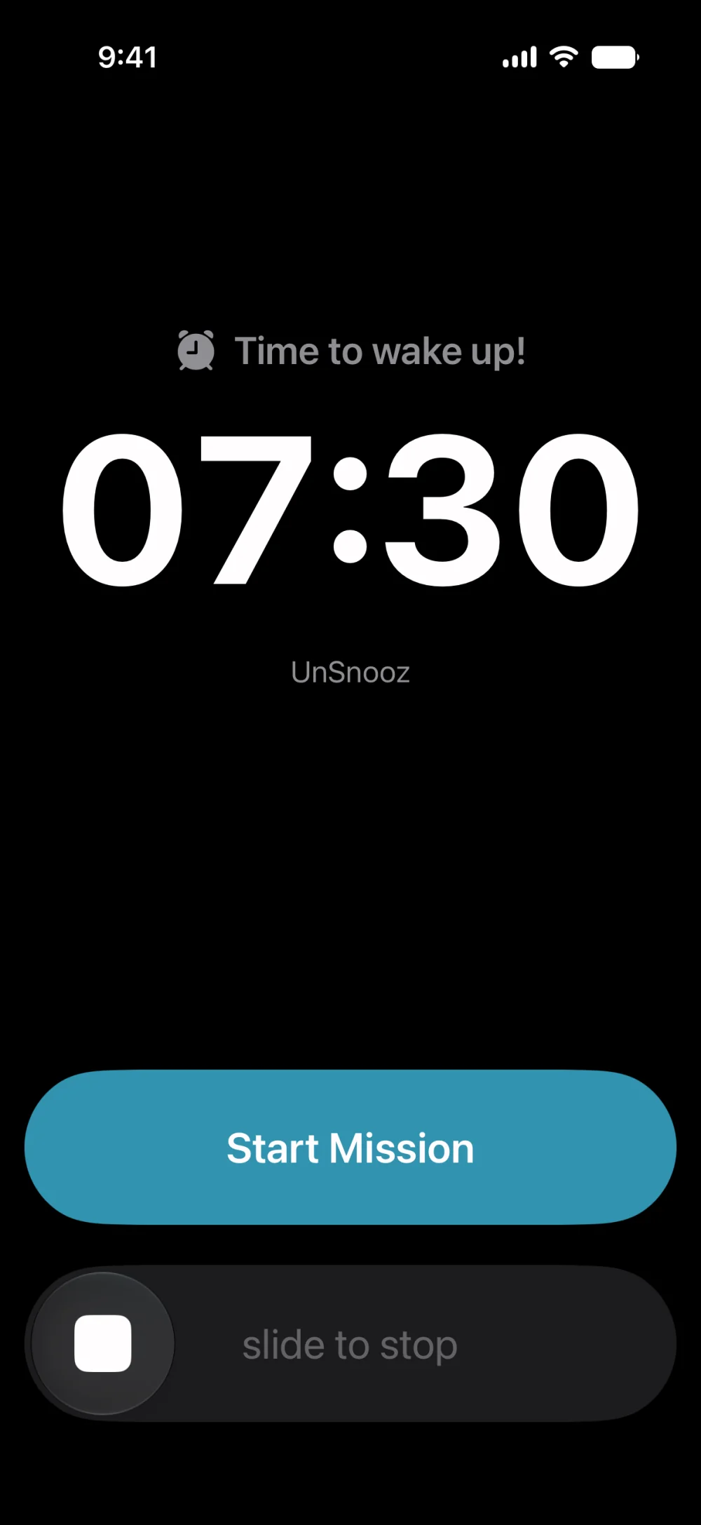 UnSnooz alarm ringing at 7:30 with a Start Mission button